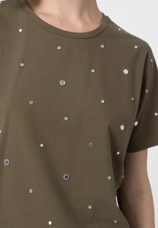Khaki bawełniany t-shirt z dżetami