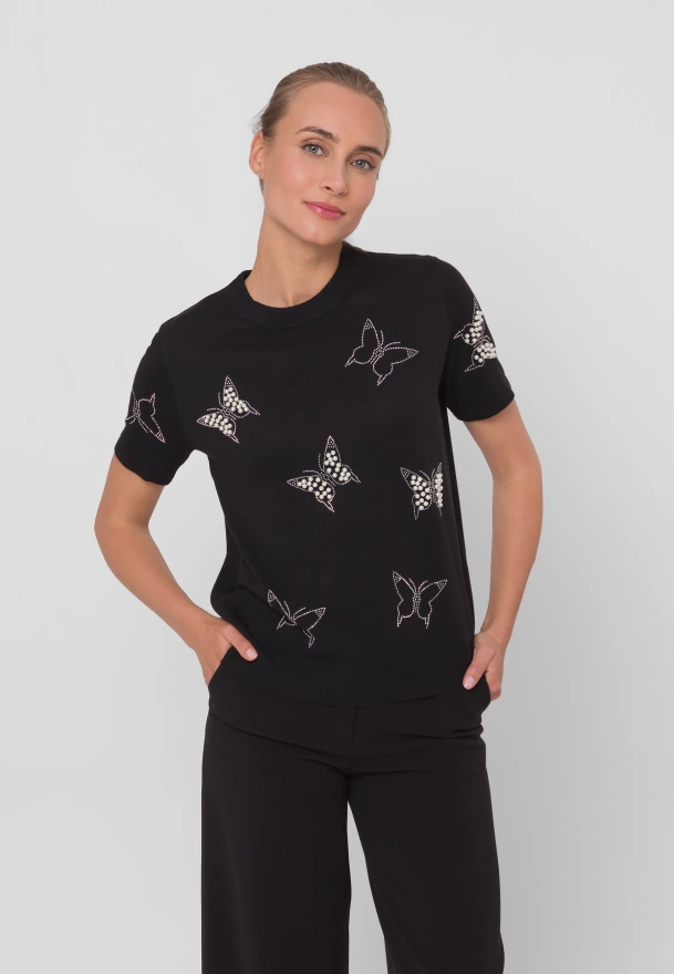 Czarna dzianinowa bluzka z motywem motyli