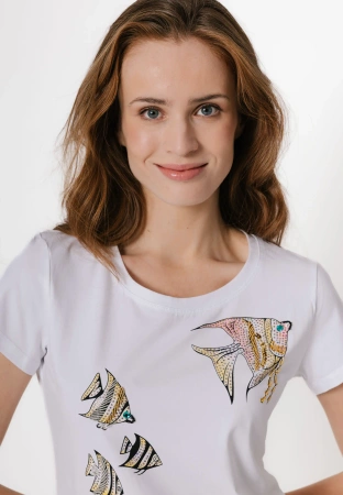 Biały bawełniany t-shirt w ryby