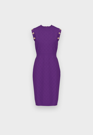 Fioletowa sukienka ze złotymi guzikami i tłoczeniem w romby