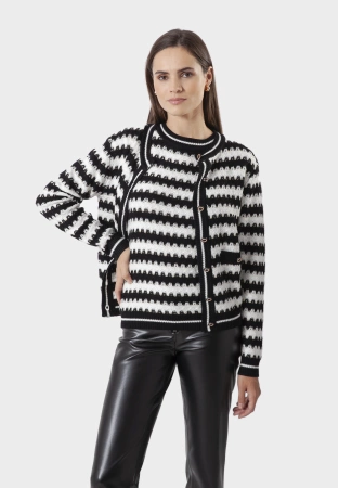 Dzianina w czarno-białe zygzaki ze złotą nitką