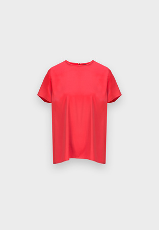 Koralowa satynowa bluzka z krótkim rękawem