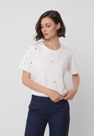 Ecru bawełniany t-shirt z dżetami