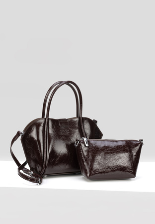 Brązowa lakierowana torebka z saszetką