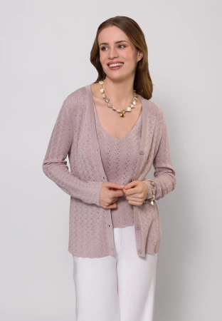 Różowa ażurowa bluzka na ramiączka ze srebrną nitką