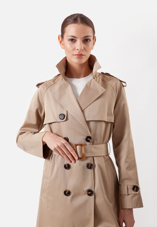 Beżowy dwurzędowy trencz