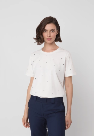 Ecru bawełniany t-shirt z dżetami