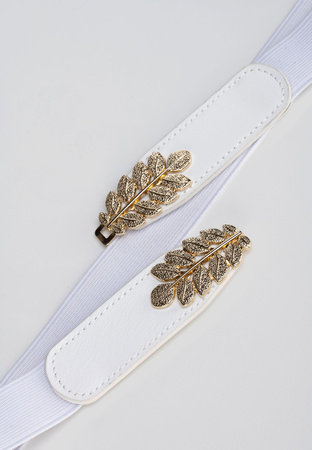 Biały pasek na gumce z ozdobną klamrą