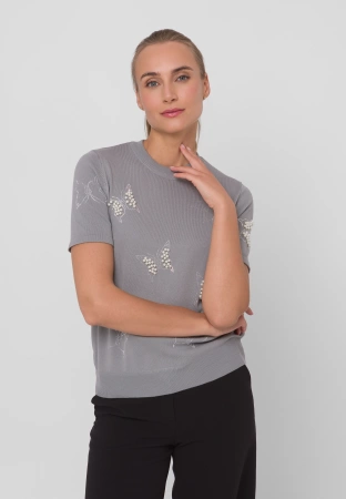 Szara dzianinowa bluzka z motywem motyli