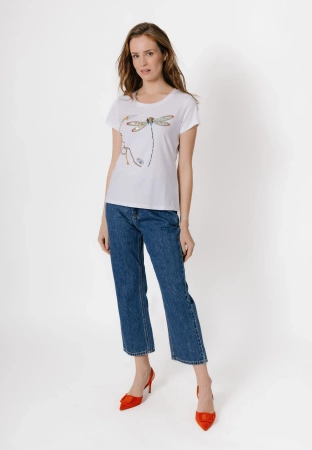 Biały t-shirt z ważką z koralików