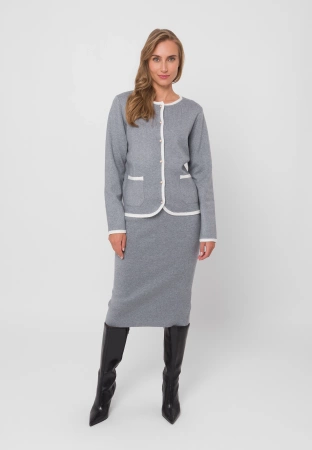 Szary dzianinowy kardigan z białym obszyciem