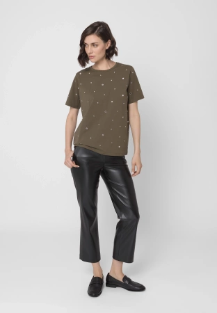 Khaki bawełniany t-shirt z dżetami