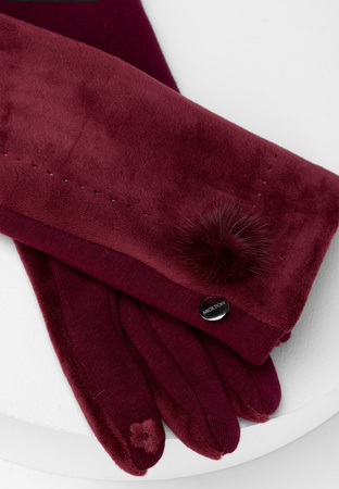 Bordowe rękawiczki z naturalnym pomponem