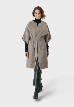 Beżowy wełniany płaszcz z wiązaniem