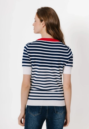 Dzianinowa bluzka w granatowo-białe paski z czerwoną lamówką