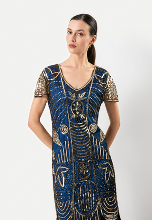 Niebieska sukienka z cekinami i frędzlami
