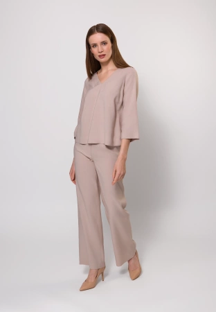 Beżowa bluzka w serek z wiskozą i lnem