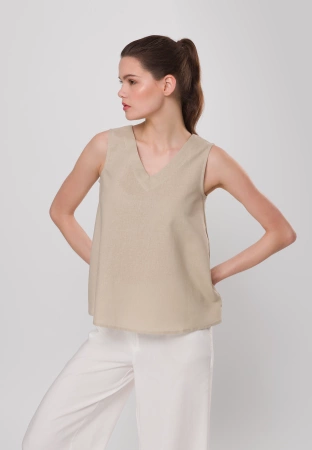 Beżowa bluzka na szerokich ramiączkach z bawełny i lnu