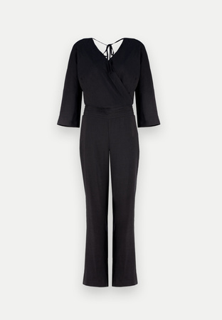 Czarny kombinezon z lnem wiązany na szyi