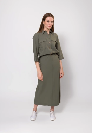Długa spódnica w oliwkowym kolorze z wiskozą i lnem