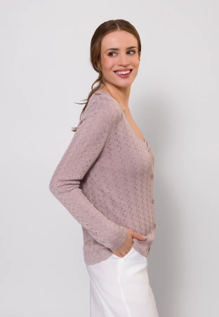 Różowy ażurowy kardigan ze srebrną nitką