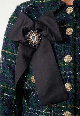 Zielony krótki żakiet w kratę z odpinaną kokardą