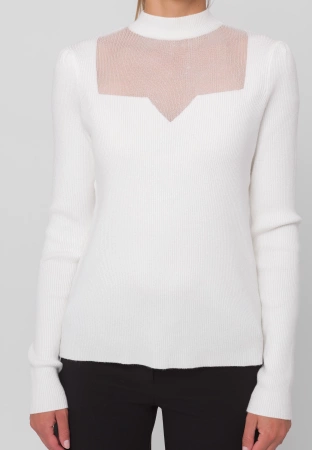 Ecru dzianinowy półgolf z ażurowym dekoltem