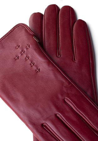 Skórzane bordowe rękawiczki z ozdobną plecionką