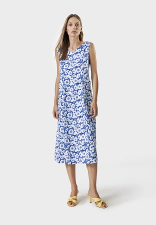 Długa niebieska sukienka z wiskozy w kwiatowy wzór