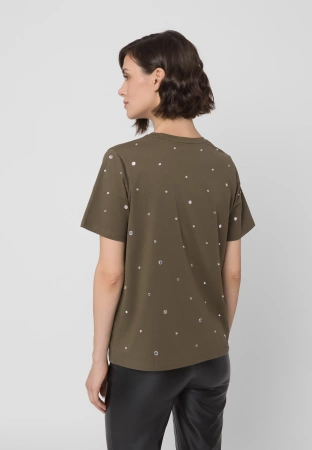 Khaki bawełniany t-shirt z dżetami