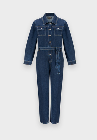 Granatowy jeansowy kombinezon wiązany w pasie