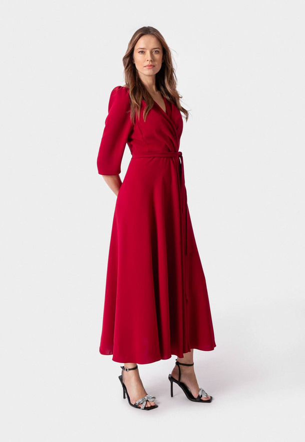 Długa bordowa sukienka z kopertowym dekoltem
