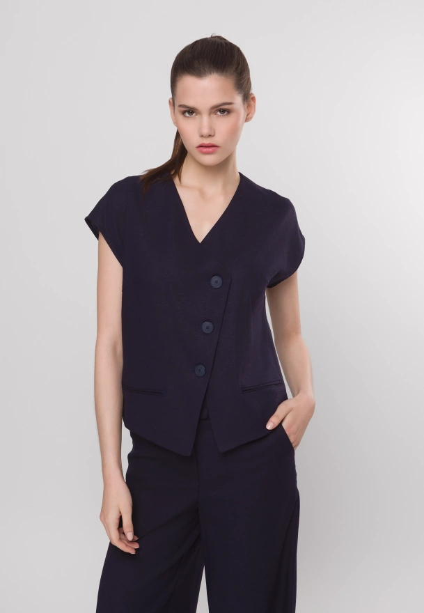 Granatowa kamizelka z asymetrycznym zapięciem z wiskozą i lnem