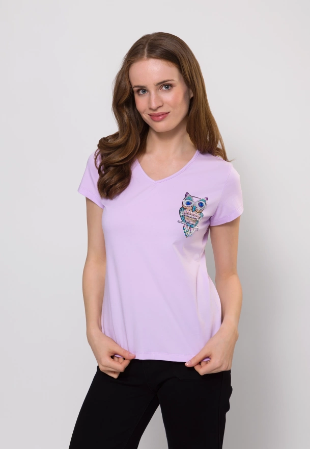Bawełniany t-shirt z sową w kolorze lila