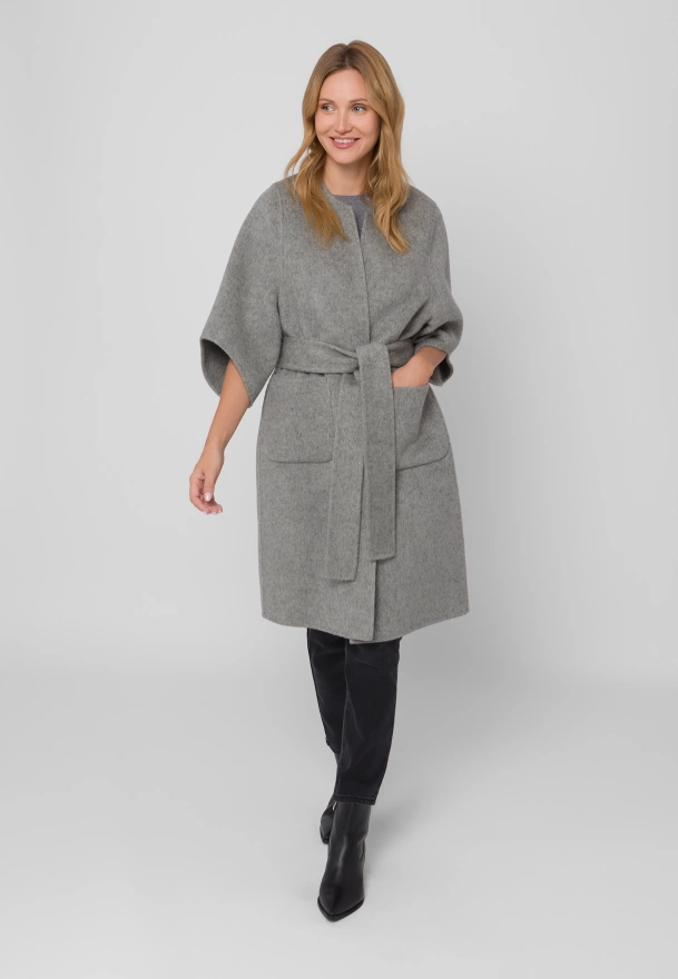 Szary wełniany płaszcz z wiązaniem