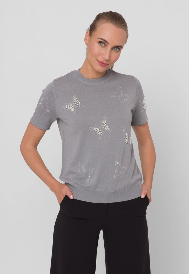 Szara dzianinowa bluzka z motywem motyli