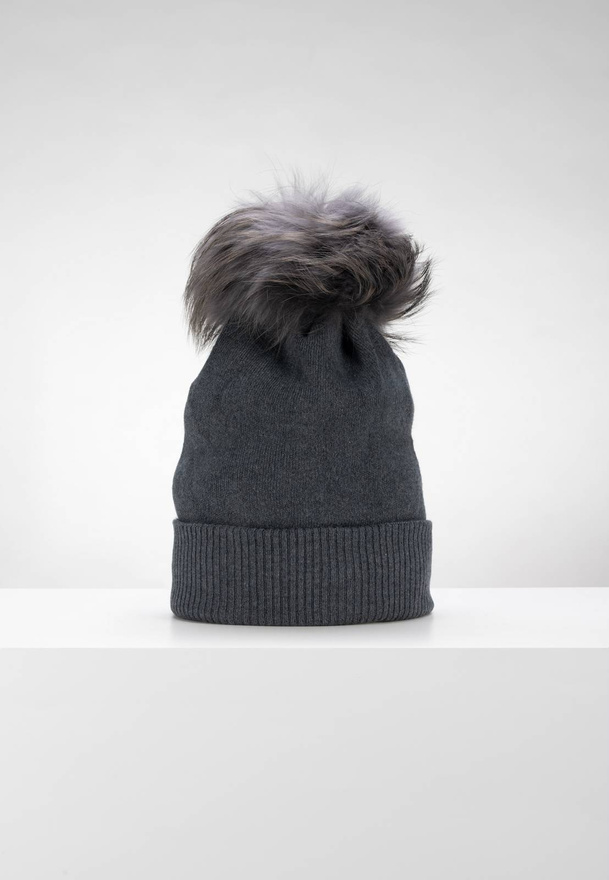 Grafitowa czapka z wełną z odpinanym pomponem