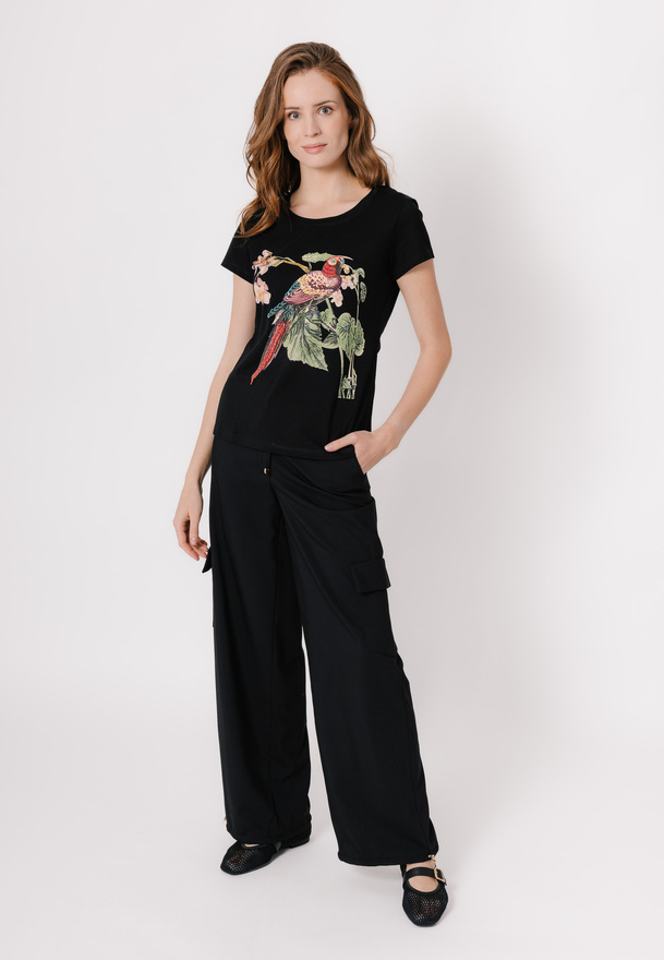 Bawełniany czarny t-shirt z papugą