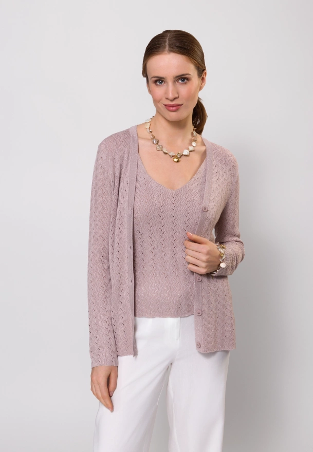 Różowy ażurowy kardigan ze srebrną nitką