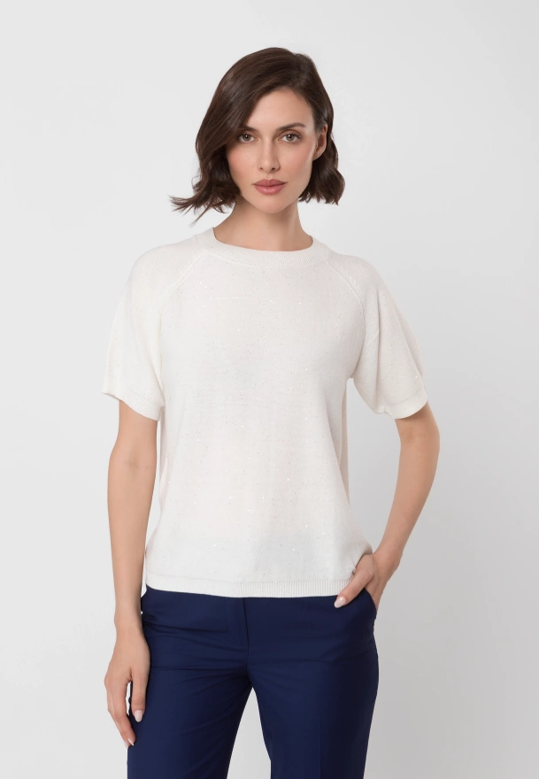 Ecru dzianinowa bluzka z drobnymi cekinami