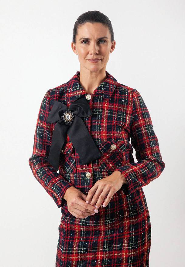 Czerwony krótki żakiet w kratę z odpinaną kokardą
