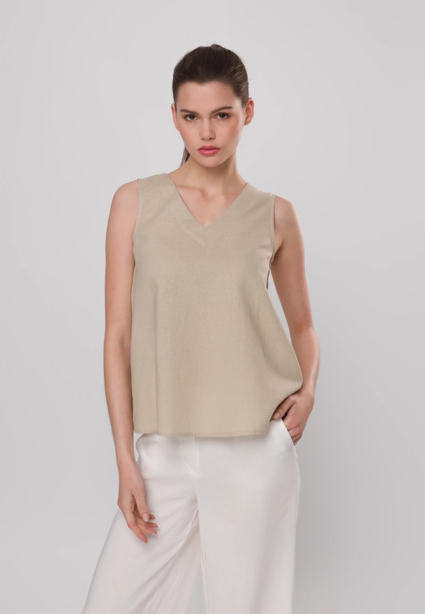 Beżowa bluzka na szerokich ramiączkach z bawełny i lnu