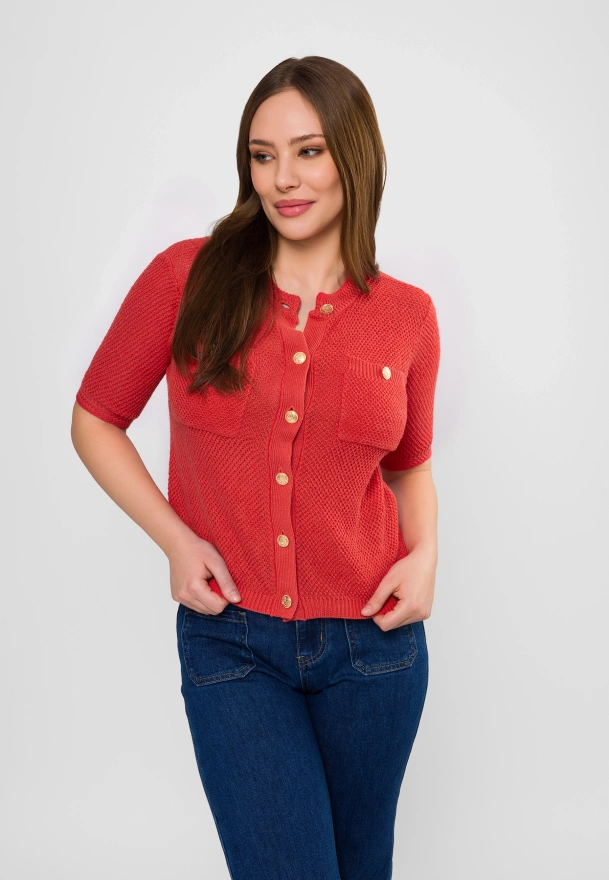 Koralowy sweterek z ramii i bawełny 