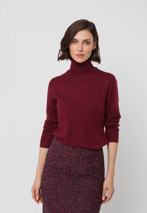 Bordowy cienki golf z wełną