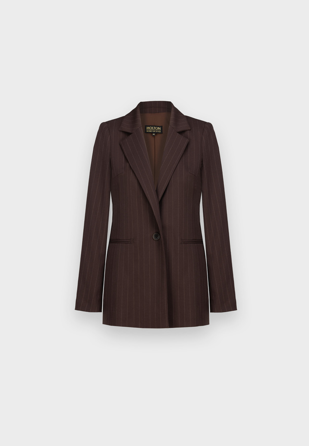 Brązowy żakiet w prążek zapinany na jeden guzik