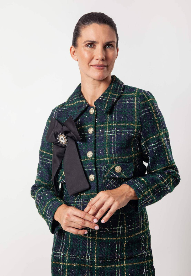 Zielony krótki żakiet w kratę z odpinaną kokardą