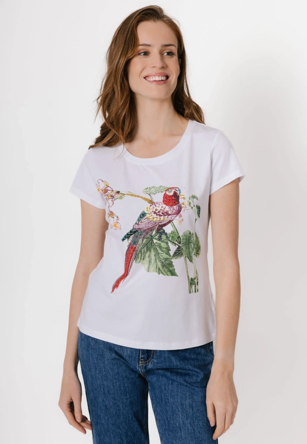 Bawełniany biały t-shirt z papugą