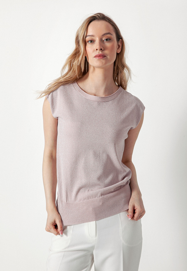 Różowa dzianinowa bluzka ze srebrną nicią