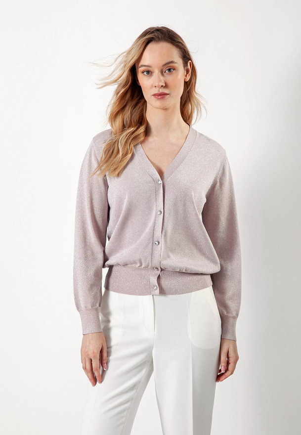 Różowy kardigan ze srebrną nicią