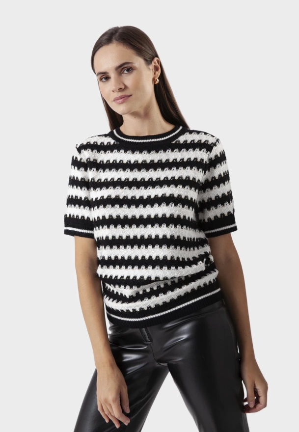 Dzianina w czarno-białe zygzaki ze złotą nitką 